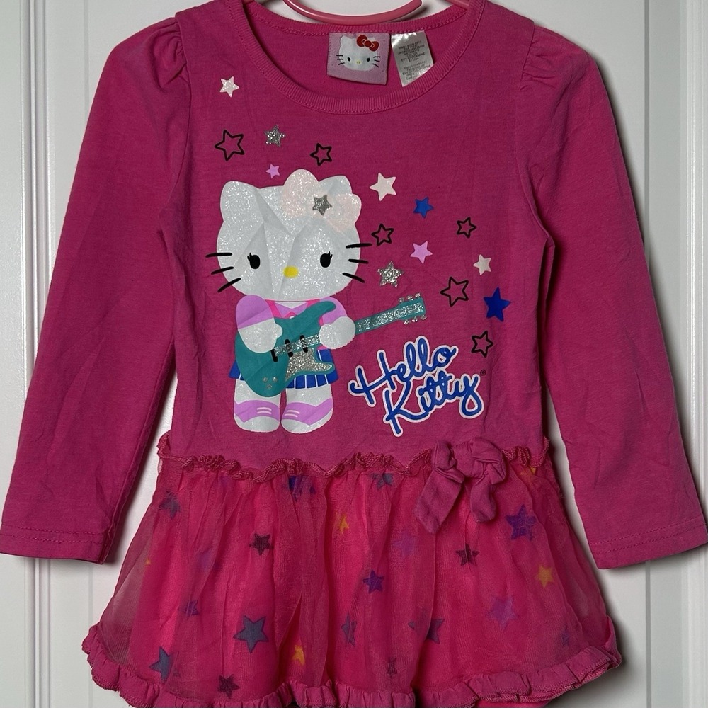 Hello Kitty by Sanrio Girls Pink Rock Star Guitar Glitter Long Sleeve Tutu Dress